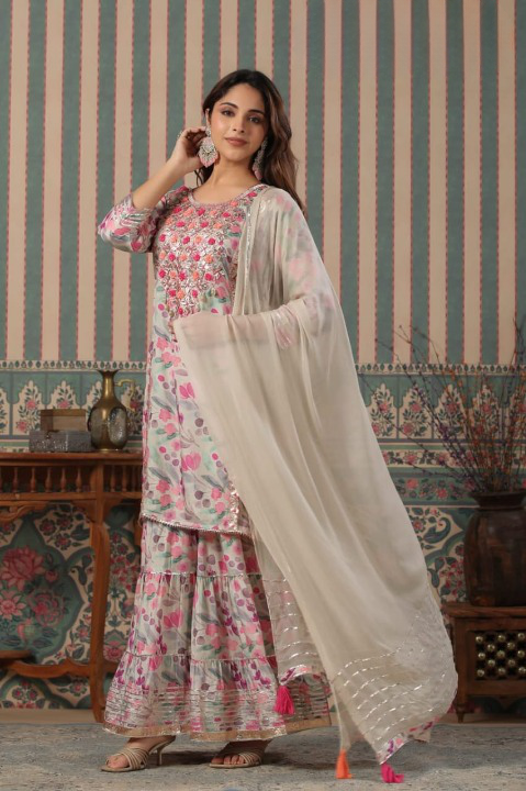 Ice Blue Designer Floral Print Muslin Sharara Set With Gota Patti Tassels and Chiffon Dupatta