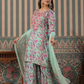 Ice Blue Designer Floral Print Muslin Sharara Set With Gota Patti Tassels and Chiffon Dupatta