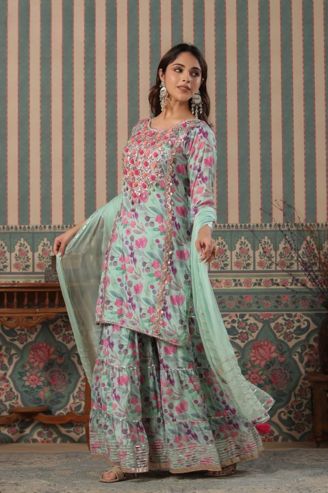 Ice Blue Designer Floral Print Muslin Sharara Set With Gota Patti Tassels and Chiffon Dupatta