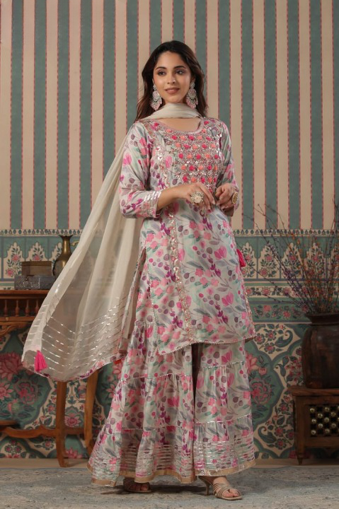 Ice Blue Designer Floral Print Muslin Sharara Set With Gota Patti Tassels and Chiffon Dupatta