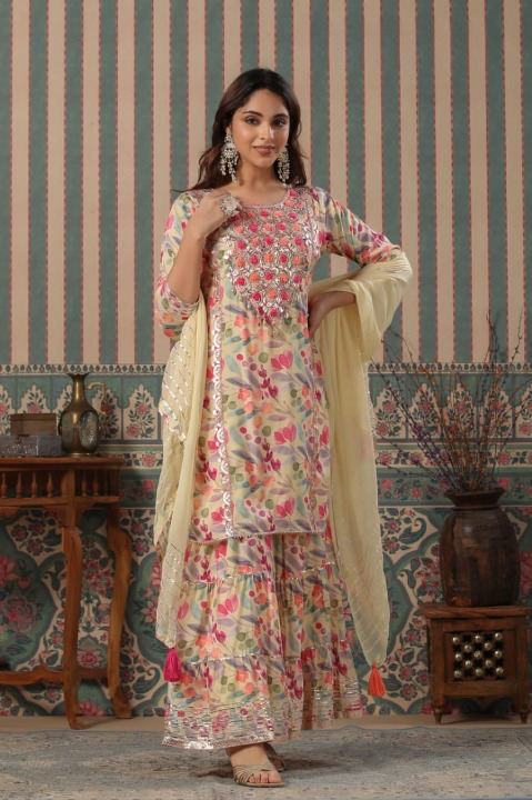 Moon Mist Designer Floral Print Muslin Sharara Set With Gota Patti Tassels and Chiffon Dupatta