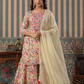 Moon Mist Designer Floral Print Muslin Sharara Set With Gota Patti Tassels and Chiffon Dupatta