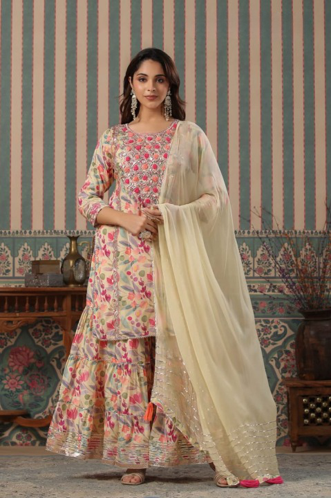 Moon Mist Designer Floral Print Muslin Sharara Set With Gota Patti Tassels and Chiffon Dupatta