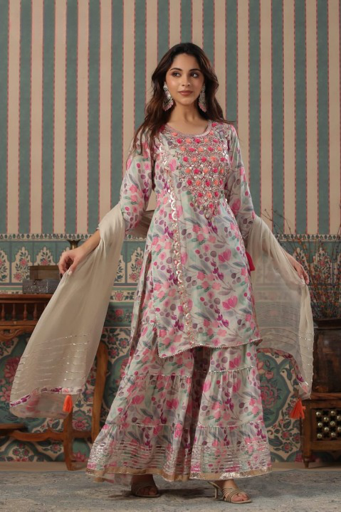 Ice Blue Designer Floral Print Muslin Sharara Set With Gota Patti Tassels and Chiffon Dupatta