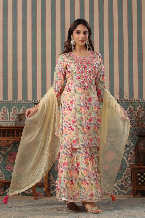 Moon Mist Designer Floral Print Muslin Sharara Set With Gota Patti Tassels and Chiffon Dupatta