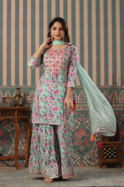 Ice Blue Designer Floral Print Muslin Sharara Set With Gota Patti Tassels and Chiffon Dupatta