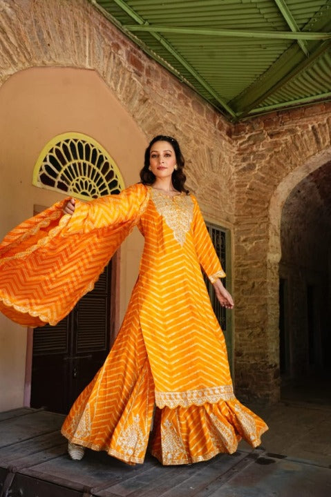 Orange Designer Embroidered Cotton Kurti Suit With Sharara And Dupatta