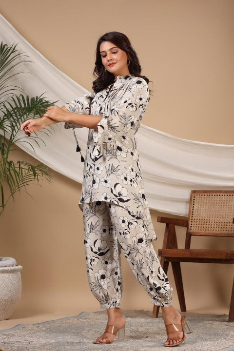 Light Grey Designer Digital Print Pure Muslin Co-ord Set With Harem Style Pant