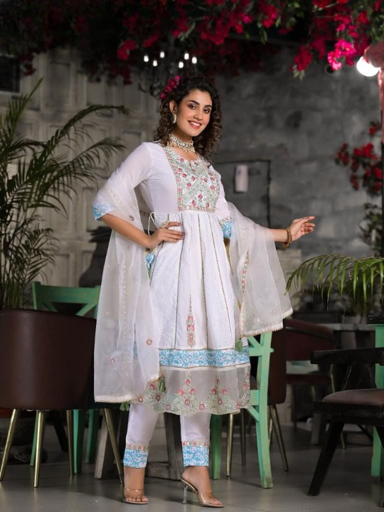 Dove White Cotton Anarkali Suit Set With Embroidered Organza Dupatta