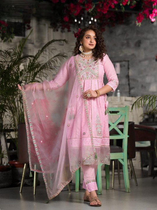 Pink Cotton Anarkali Suit Set With Organza Dupatta With Embroidery & Border