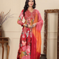 Maroon Floral Print Muslin Anarkali Suit Set With Multicolour Dupatta