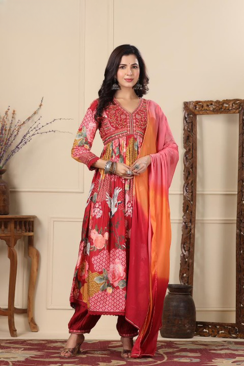 Maroon Floral Print Muslin Anarkali Suit Set With Multicolour Dupatta