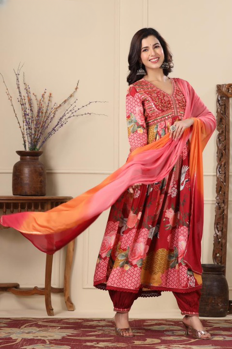 Maroon Floral Print Muslin Anarkali Suit Set With Multicolour Dupatta