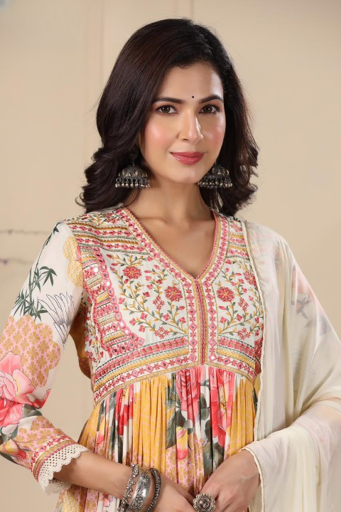 Cream Floral Print Muslin Multicolour Anarkali Suit Set With Dupatta