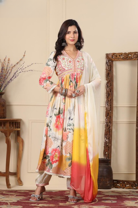 Cream Floral Print Muslin Multicolour Anarkali Suit Set With Dupatta