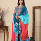 Blue Floral Print Muslin Anarkali Suit Set With Multicolour Dupatta