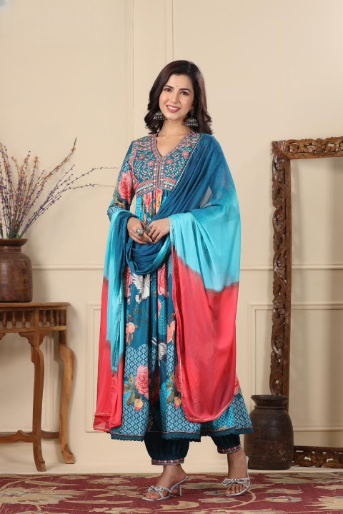 Blue Floral Print Muslin Anarkali Suit Set With Multicolour Dupatta