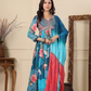 Blue Floral Print Muslin Anarkali Suit Set With Multicolour Dupatta
