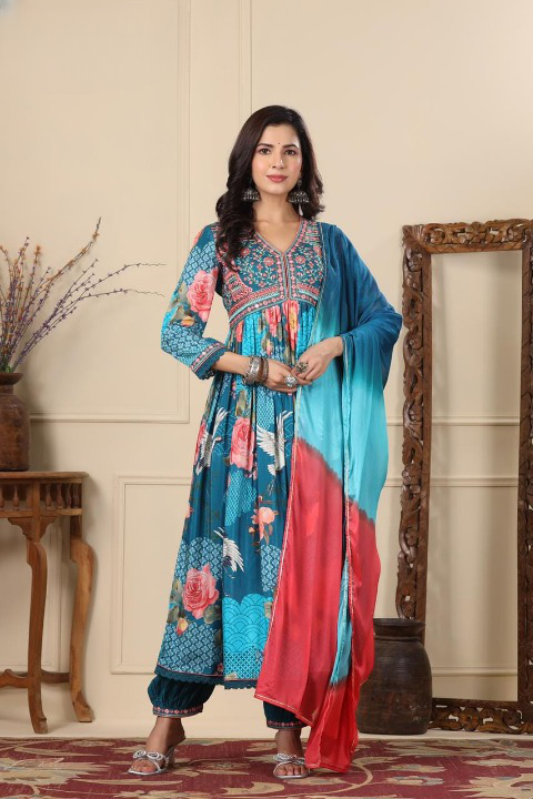 Blue Floral Print Muslin Anarkali Suit Set With Multicolour Dupatta