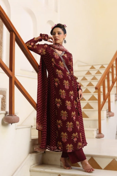 Maroon Chinnon Angrakha Patterned Anarkali Kurti Pant Set With Dupatta