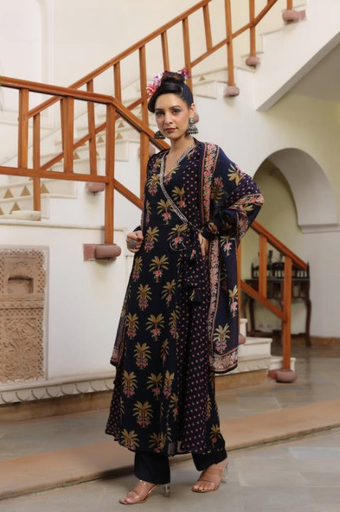 Black Chinnon Angrakha Patterned Three Piece Anarkali Kurti Set