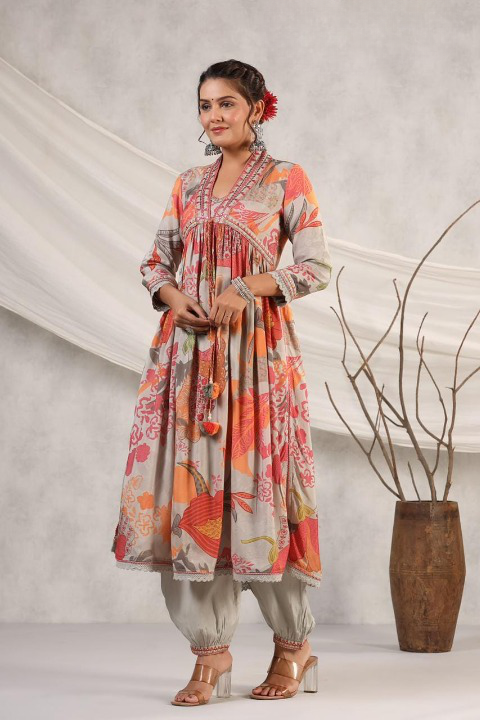 Clay Grey Floral Print Muslin Multicolour Anarkali Suit Set With Dupatta