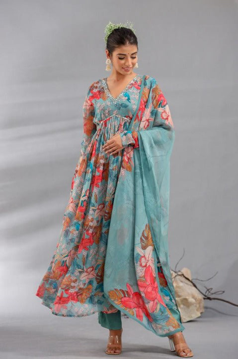 Turquoise Digital Floral Print Organza Anarkali Kurti Pant Set With Dupatta