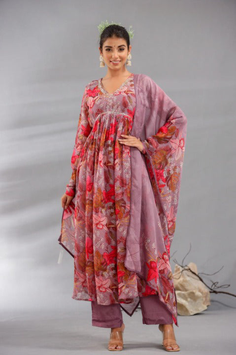 Rosewood Pink Digital Floral Print Organza Anarkali Kurti Pant Set With Dupatta