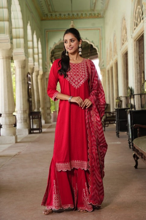 Red Side Slit Nyra Cut Rayon Embroidered Kurti Sharara Set With Dupatta