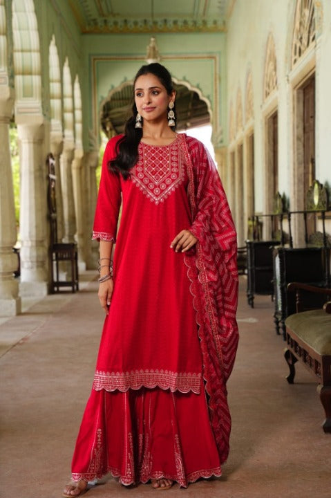 Red Side Slit Nyra Cut Rayon Embroidered Kurti Sharara Set With Dupatta