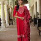 Red Side Slit Nyra Cut Rayon Embroidered Kurti Sharara Set With Dupatta