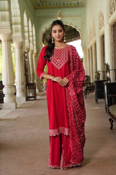 Red Side Slit Nyra Cut Rayon Embroidered Kurti Sharara Set With Dupatta