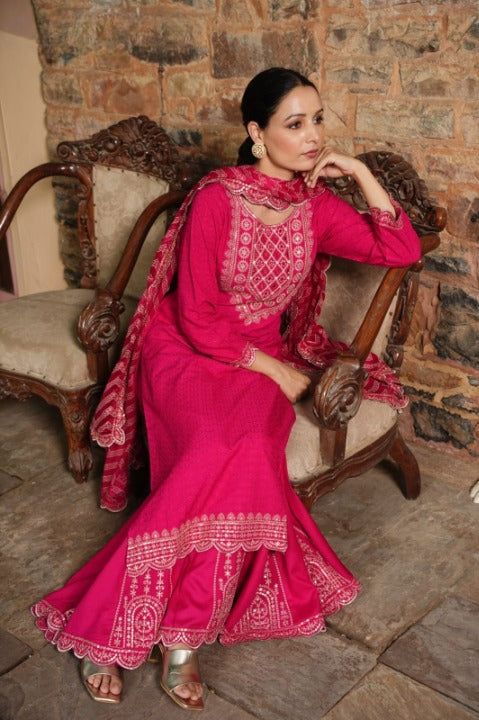 Magenta Side Slit Nyra Cut Rayon Embroidered Kurti Sharara Set With Dupatta