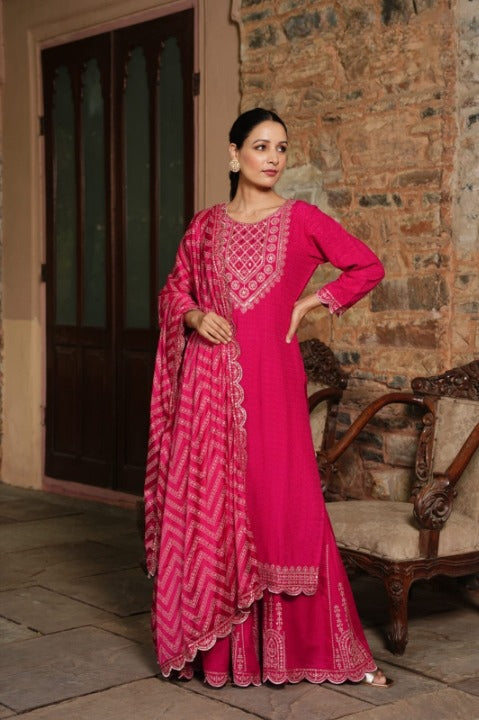 Magenta Side Slit Nyra Cut Rayon Embroidered Kurti Sharara Set With Dupatta