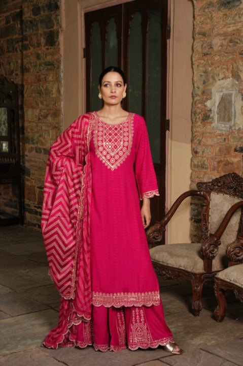 Magenta Side Slit Nyra Cut Rayon Embroidered Kurti Sharara Set With Dupatta