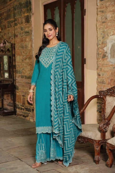 Turquoise Side Slit Nyra Cut Rayon Embroidered Kurti Sharara Set With Dupatta