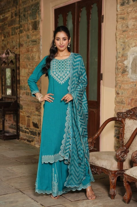 Turquoise Side Slit Nyra Cut Rayon Embroidered Kurti Sharara Set With Dupatta