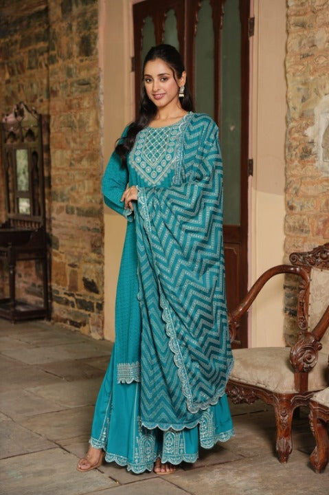 Turquoise Side Slit Nyra Cut Rayon Embroidered Kurti Sharara Set With Dupatta