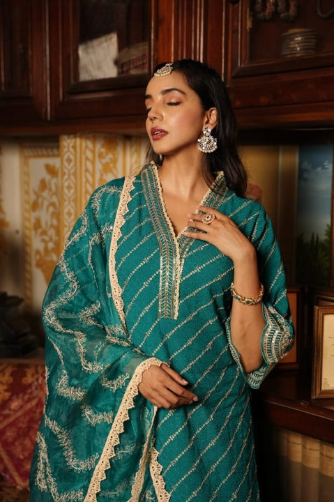 Turquoise Schiffili Side Slit Straight Kurti Set With Embroidered Rayon Pant and Organza Dupatta