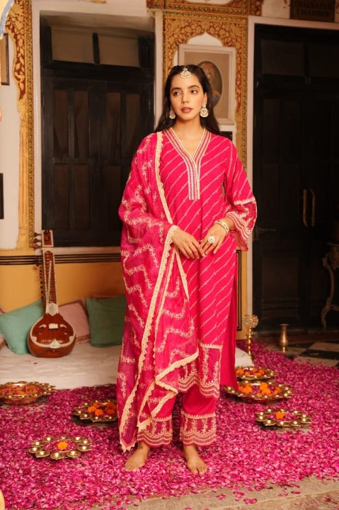 Magenta  Schiffili Side Slit Straight Kurti Set With Embroidered Rayon Pant and Organza Dupatta