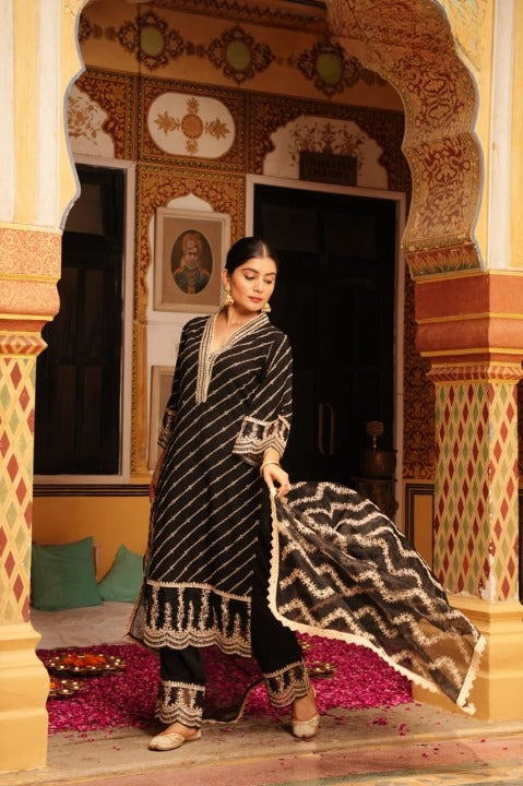 Black Schiffili Side Slit Straight Kurti Set With Embroidered Rayon Pant and Organza Dupatta