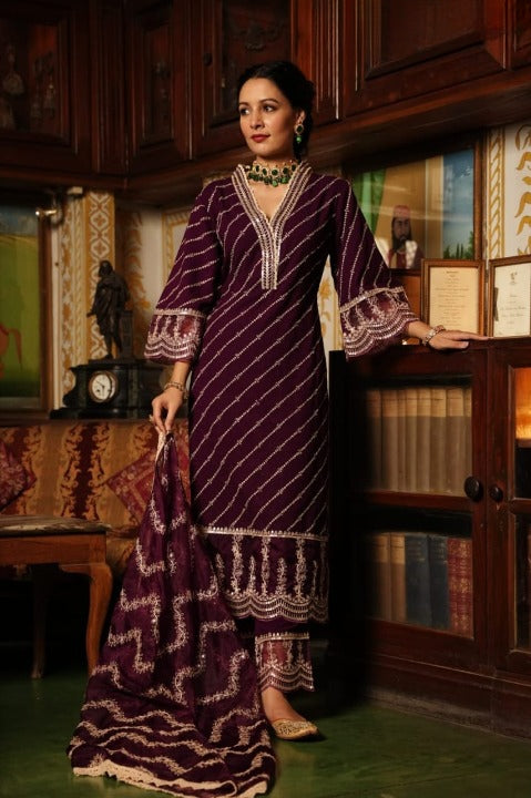 Wine Schiffili Side Slit Straight Kurti Set With Embroidered Rayon Pant and Organza Dupatta