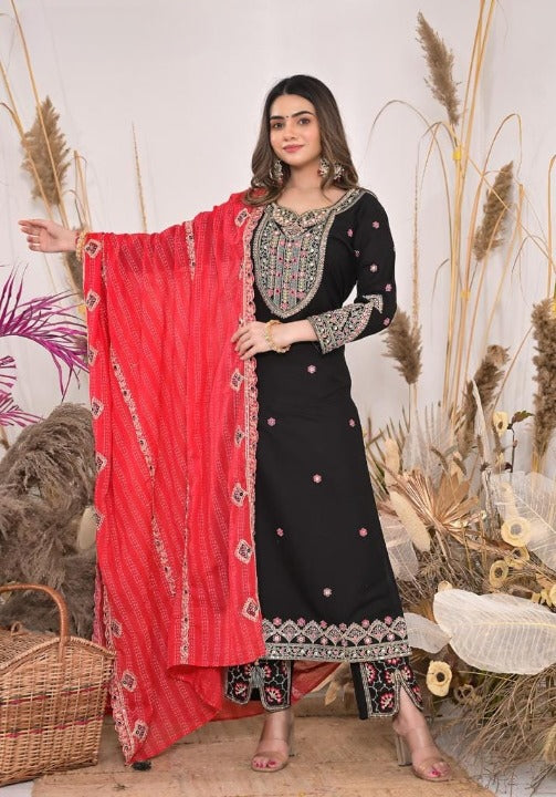 Black Rayon Embroidered Kurti Pant Set With Mulmul Dupatta