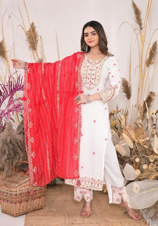 White Rayon Embroidered Kurti Pant Set With Mulmul Dupatta