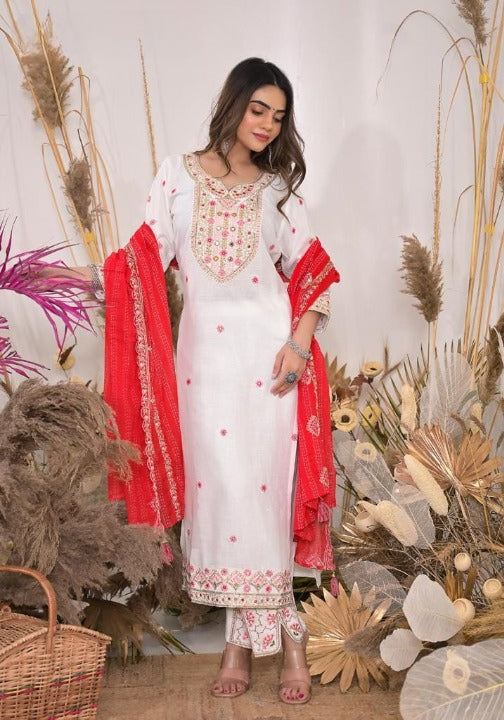 White Rayon Embroidered Kurti Pant Set With Mulmul Dupatta