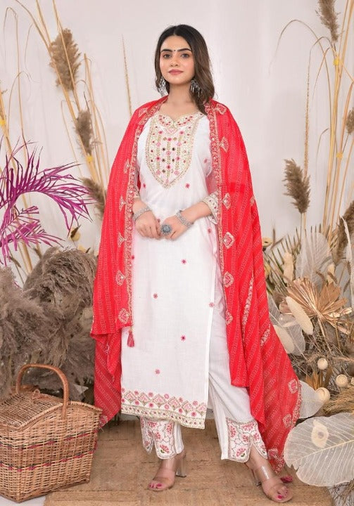 White Rayon Embroidered Kurti Pant Set With Mulmul Dupatta