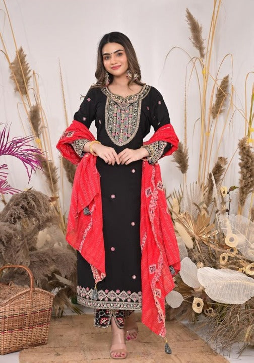 Black Rayon Embroidered Kurti Pant Set With Mulmul Dupatta