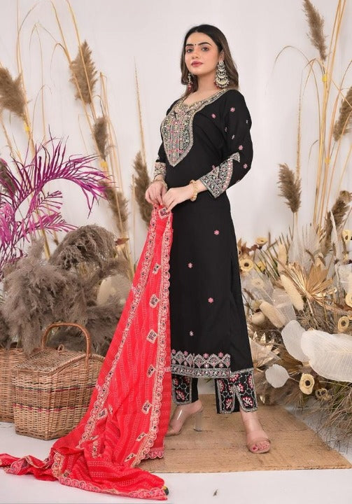 Black Rayon Embroidered Kurti Pant Set With Mulmul Dupatta