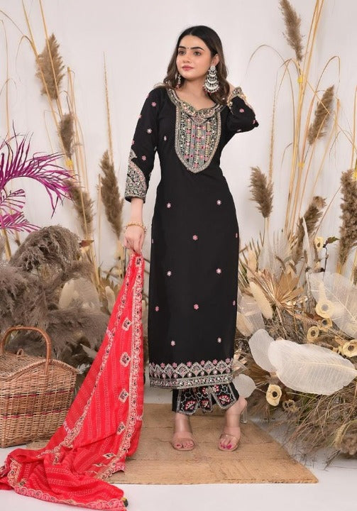 Black Rayon Embroidered Kurti Pant Set With Mulmul Dupatta