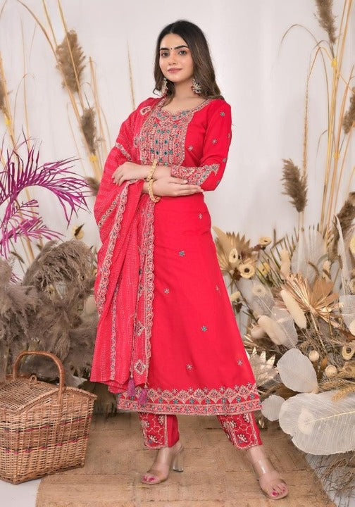 Red Rayon Embroidered Kurti Pant Set With Mulmul Dupatta